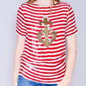 VINTAGE Sequin & Beads Striped Anchor Silk Top